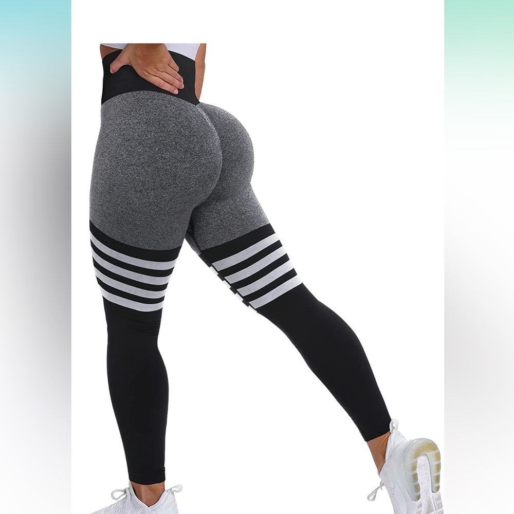 Striped black, gray and white high waisted scrunched butt work out leggings